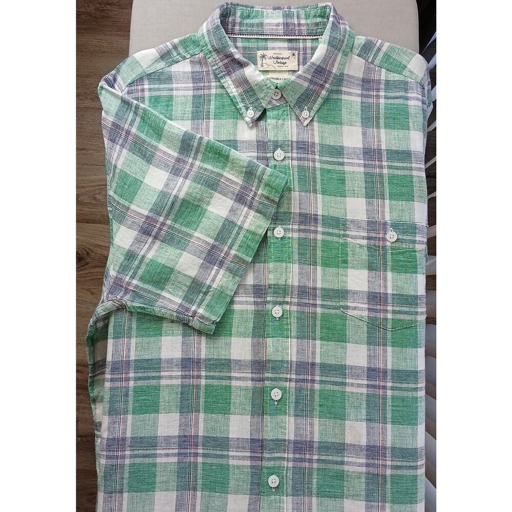 Weatherproof Vintage Washable Linen Shirt Mens XL green blue plaid short sleeve - Picture 14 of 14